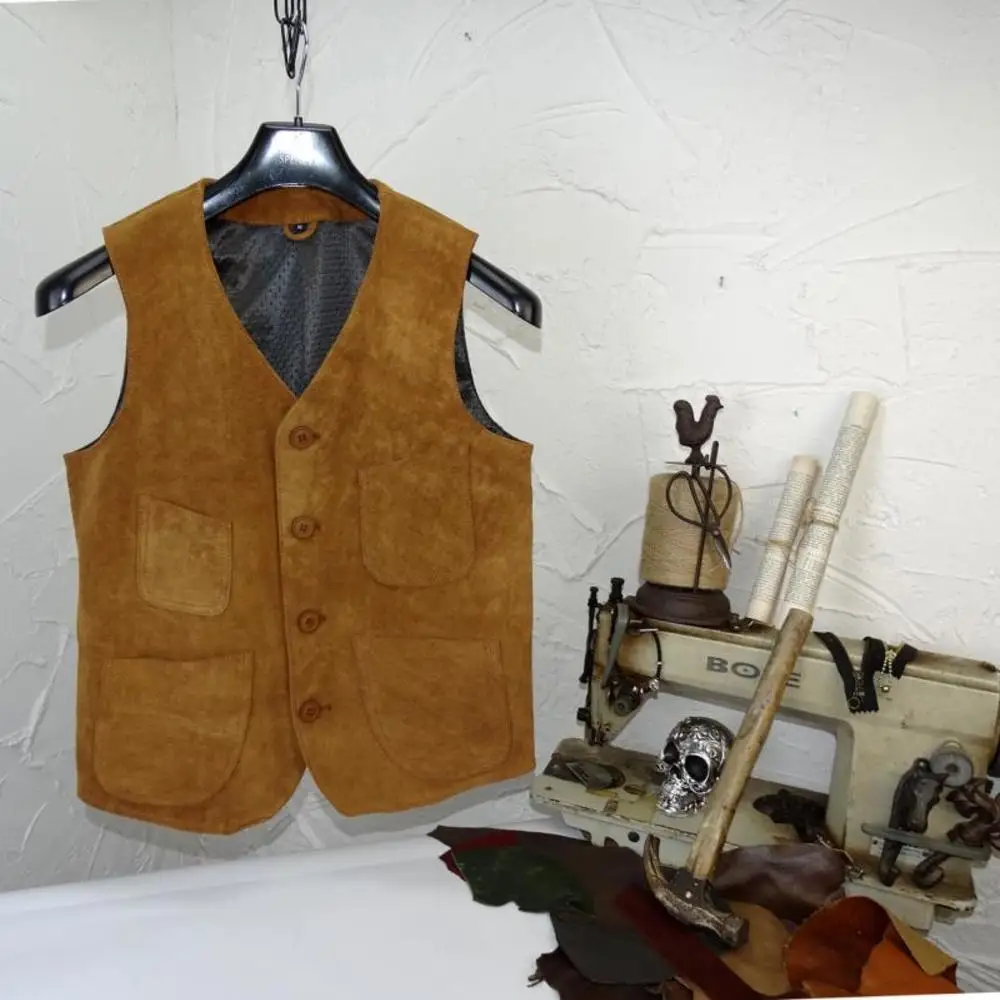 

shipping.men YR!Free casual genuine vest.cheap heavy cow suede vest.vintage slim leather clothes.