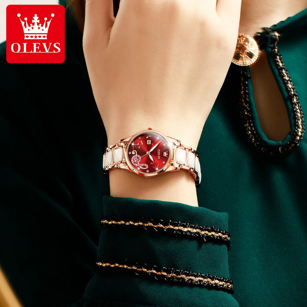 OLEVS Quartz Watches for Women Luxury Ceramic Strap Luminous Waterproof Calendar Dial Fashion Women's Wristwatches Gift Box Set