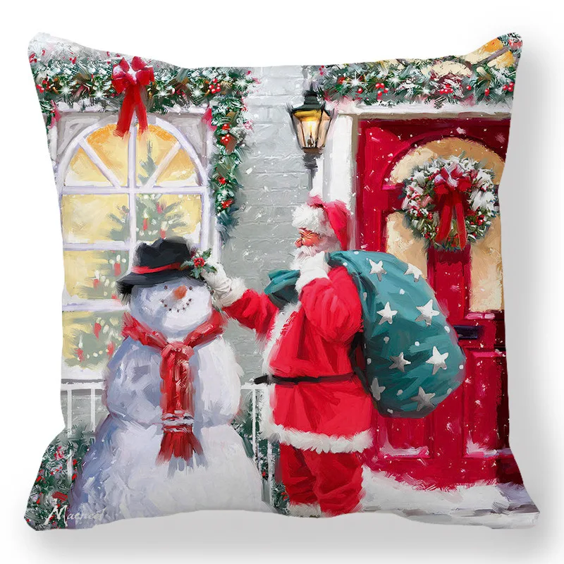 Merry Christmas Cushion Cover Santa Claus Snowman Pillowcase Xmas Ornament Gift Sofa Home Decor Square Printing Pillowslip