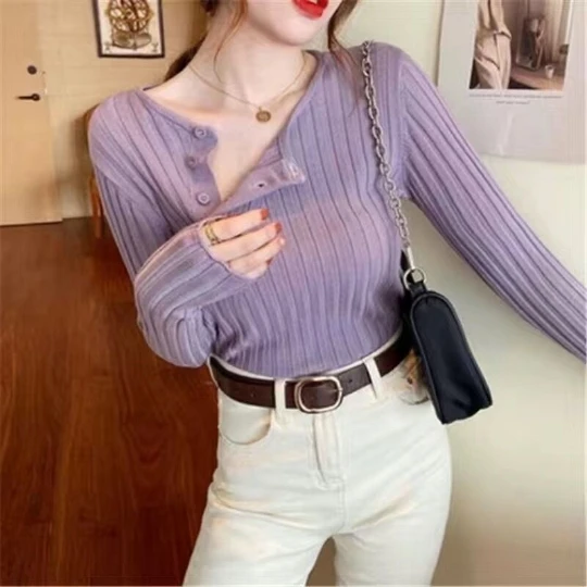 

Purple Girl Korean Office Lady Pullover Girl Woman Women Sweater O Neck Knit Tops Tight Women's Sweaters Top Coat Cloth Suétere