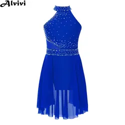 Girls Figure Skating Dress Lyrical Dance Ballet Gymnastics Performance Dancewear Sleeveless Shiny Rhinestone Mesh Leotard Tutu