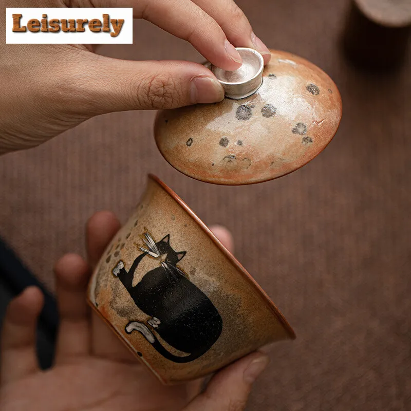 100ml Japanese Kiln Change Zhiye Cat Gaiwan Handmade Silver Wood-fired Porcelain Tea Tureen Tea Maker Cover Bowl Cha Decoration