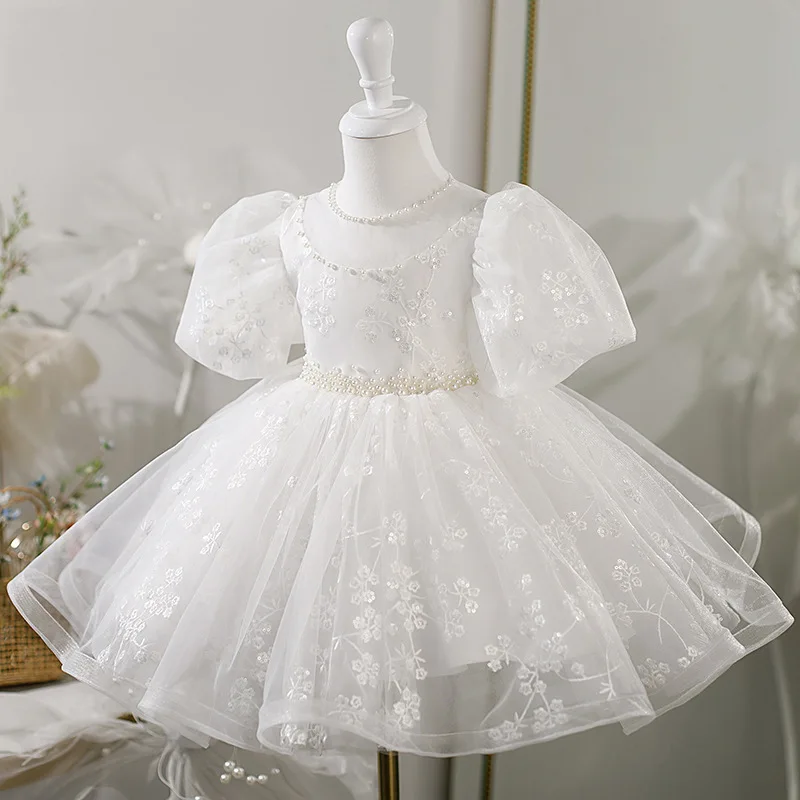 

2023 Girls Solid Bow Dresses Birthday Prom Net Yarn Floral Pearls Dress Puff Sleeve Princess Round Neck Elegant Ball Gown