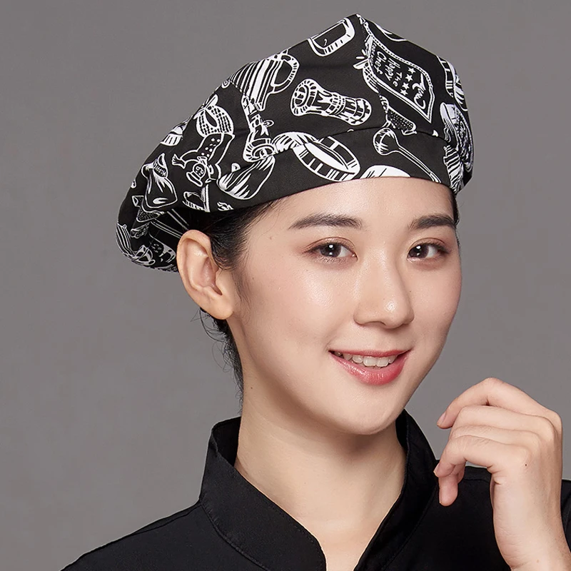 Men Women chef hat Restaurant Kitchen Cooking Hats Printed Beret Hotel Catering Bakey Cafe Waiter Breathable Work Cap