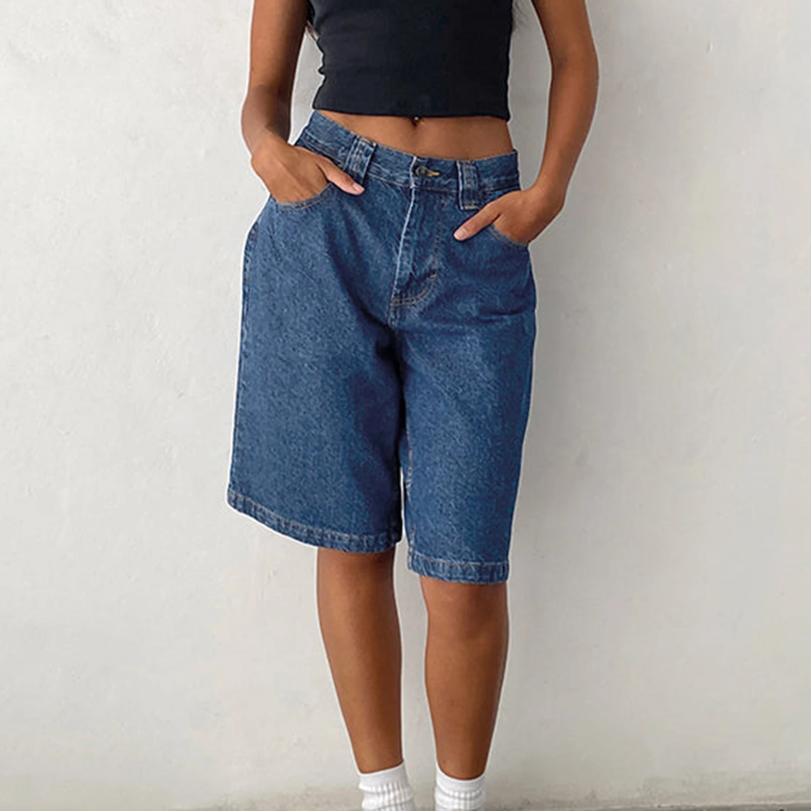 New Fashion Womens Knee Length Denim Shorts Loose Solid Color Low Rise Wide Leg Long Shorts With Pockets For Summer S-2XL