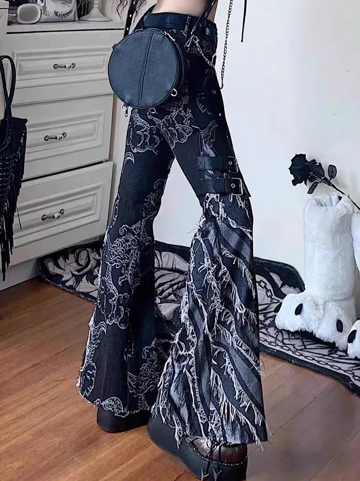 パンツ Lagust 00s emo damage denim pants Vintage Japanese 2000s Style Emo Jean Pants Women Black Goth