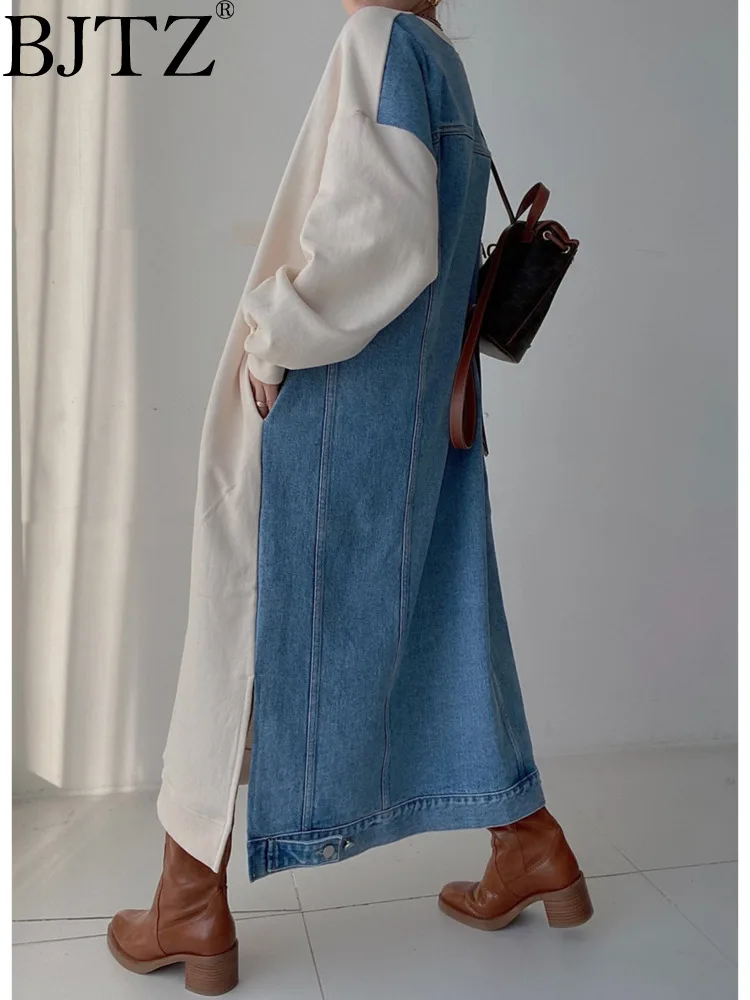

BJTZ Casual Versatile Letter Print Patchwork Denim Design Loose Long Sleeved Hoodie Dress For Women 2024 Spring New HL718