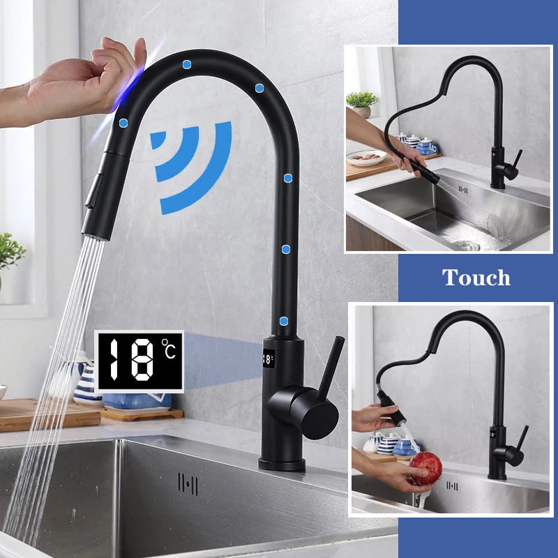 Stainless Steel Gourmet Kitchen Faucets Smart Touch Rotary Extendable Faucet Sink Kitchen Mixer Tap Black Removable Tap stainless steel gourmet faucet kitchen pull out sink faucet hot cold mixer tap 360 swivel deck mounted faucet for kitchen sink