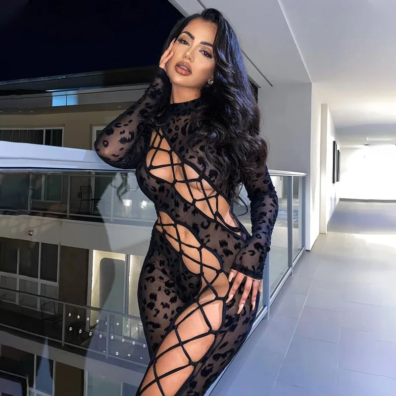 

Black Skinny Jumpsuit for Women Sexy Hollow Out See Through Overalls 2023 Summer Fashion Mesh Slim Club Party Jumpsuits