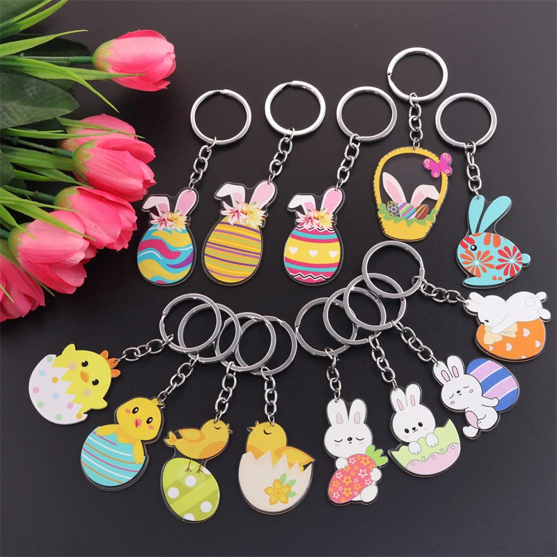 

Easter Day Bunny Egg Chicken Keychain Easter Gift Pendant Acrylic Keyring U Disk Backpack Charms Bag Car Decor Send Friends Gift