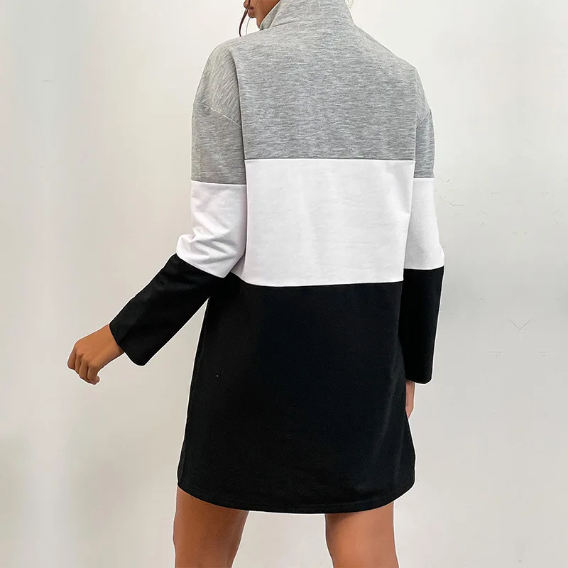2023 Autumn New Women's Fashion Loose Slim Zipper Collar Sweater Black Temperament Elegant Joker Leisure Splicing Sweater Dress