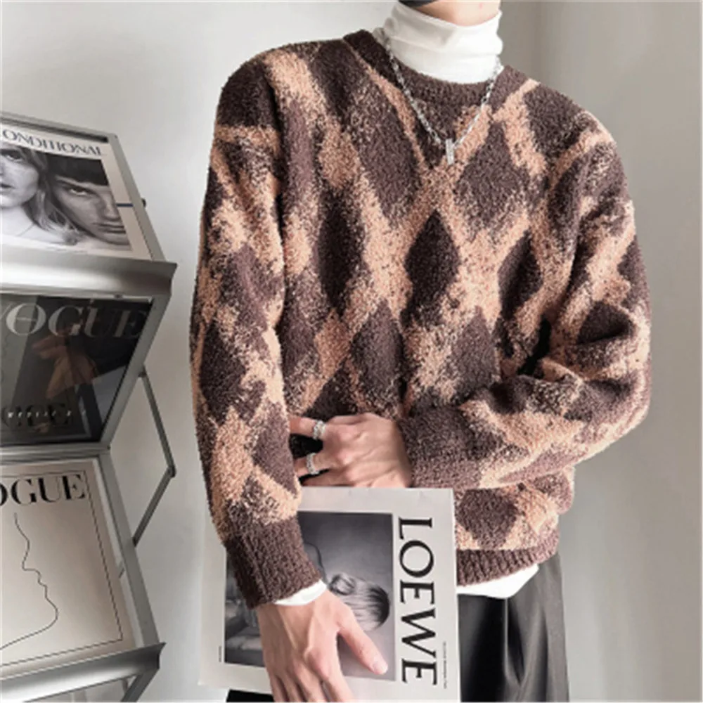 

Men Pullover Long Sleeve Contrast Color Plaid Sweaters Slim Fit Knittwear O Neck Casual Knitting Korean Style Clothing Winter