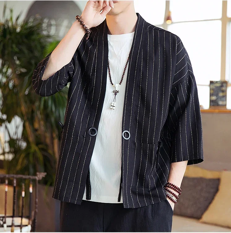 Men's Chinese Style Cotton Linen 3/4 Sleeve Shirt Striped Hanfu Tang Tops Loose Robe Gown Jacket Retro Coat