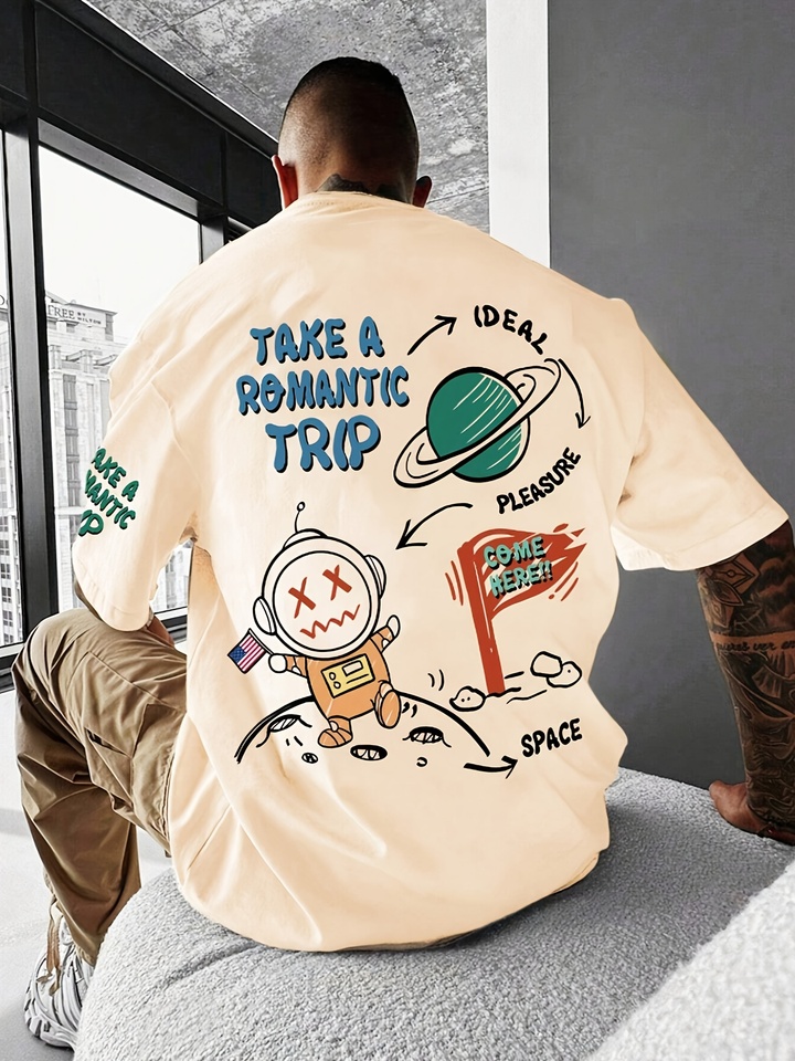 Men's summer 100 cotton fashionable casual sports loose fit plus size astronaut cartoon printed round neck short sleeved T-shirt