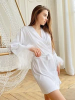White Feather Robe With Fur Full Sleeves Sleepwear Satin Robes For Women Nightgown Bride Robe Gown Dress Bathrobe Female - Image 4