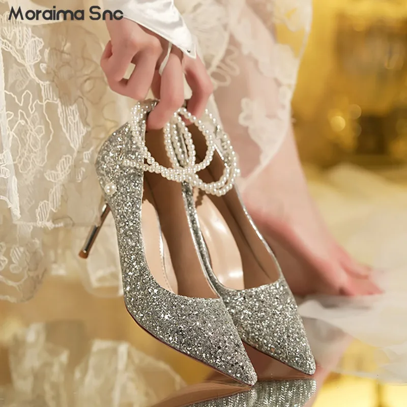 Cinderella Silver Crystal Wedding Shoes 2020 Leather Rhinestone 10 cm  Stiletto Heels Pointed Toe Wedding Pumps