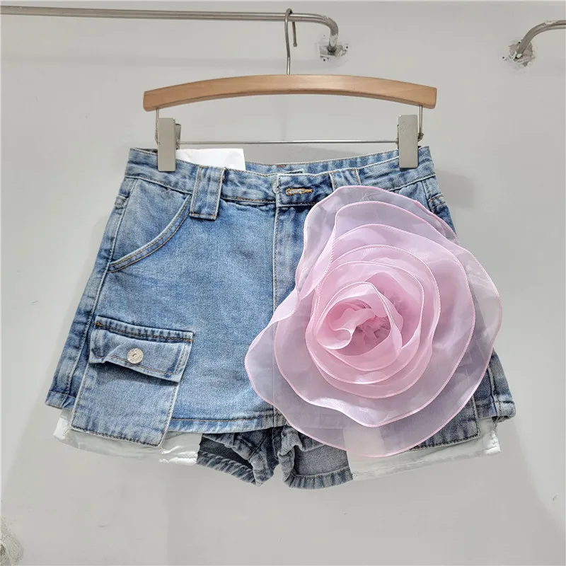 Fashion Design High Waisted Denim Floral Y2k Mini Skirt For Women's 2024 Summer New Washed Retro A-line Hip Wrap Short Skirts