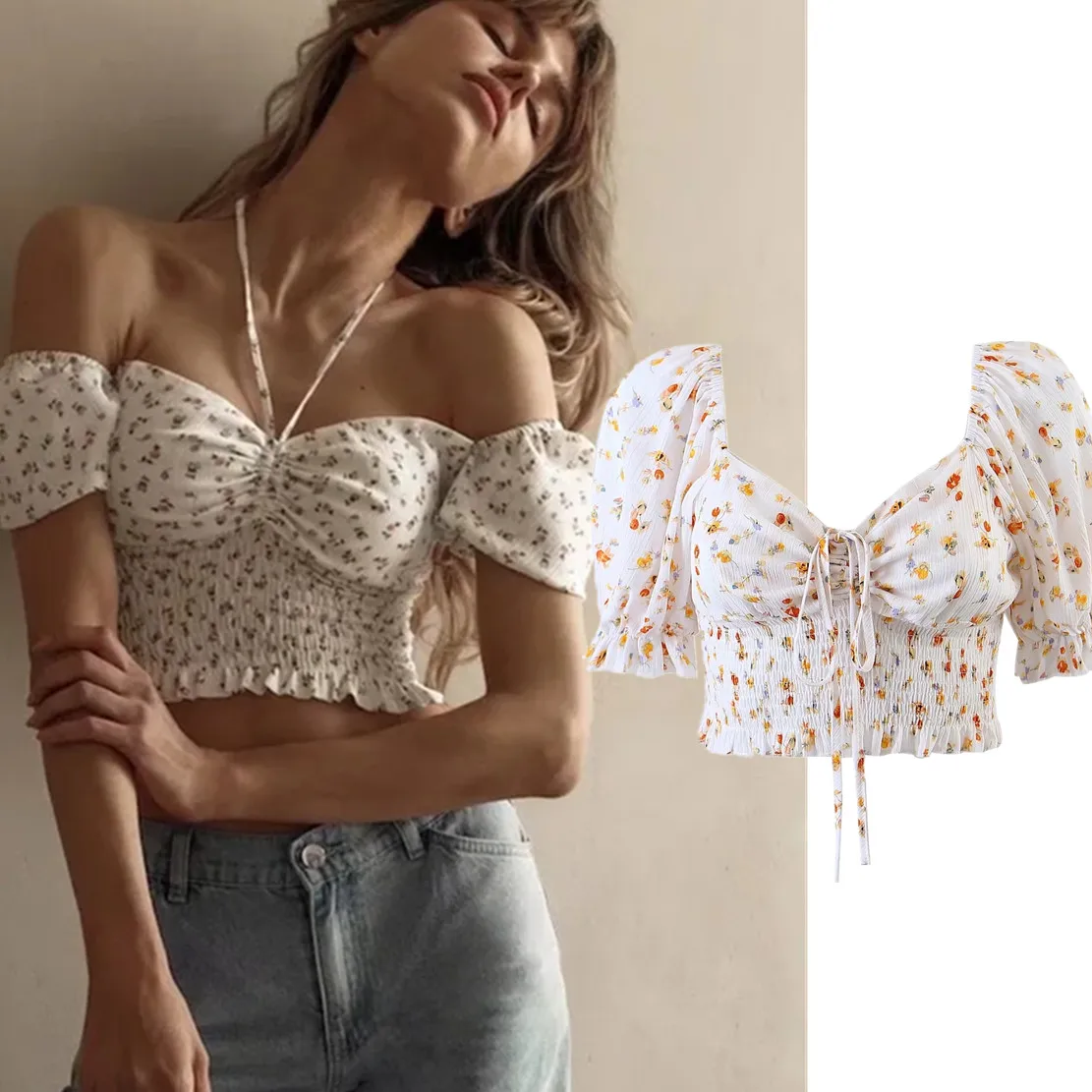 

Withered French Style Indie Folk Fashion Sexy Off Shoulder Short Tops Rayon Halter Causal Shirt Women
