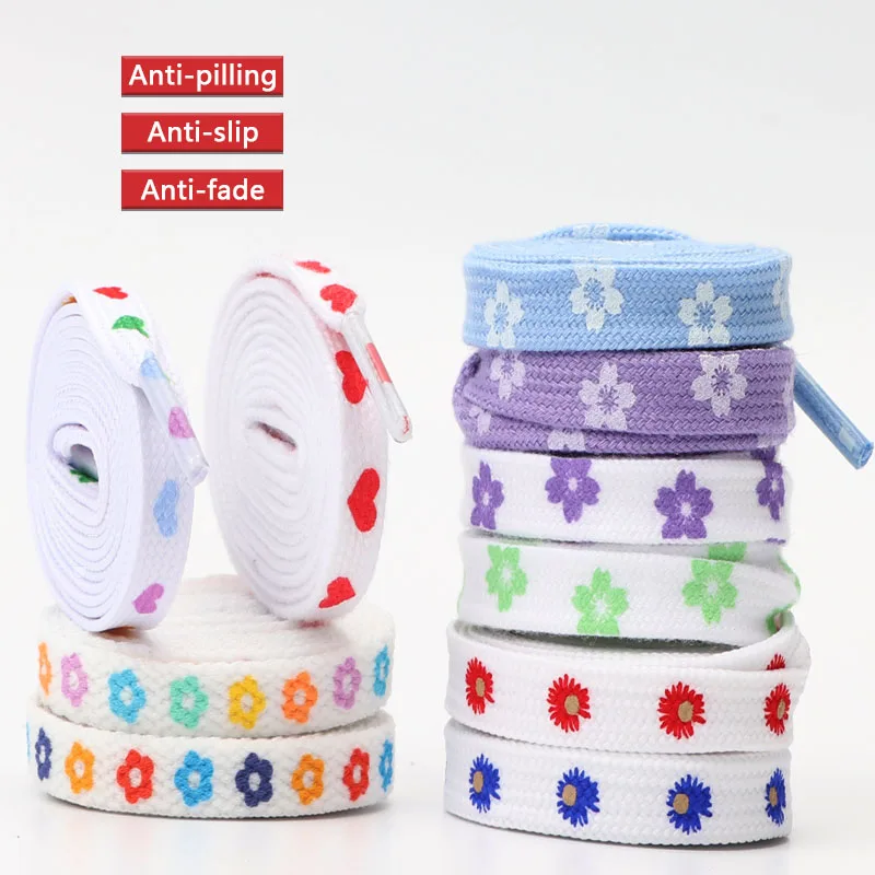 Heart Love Flat Shoelaces with Daisies and Sakura Design