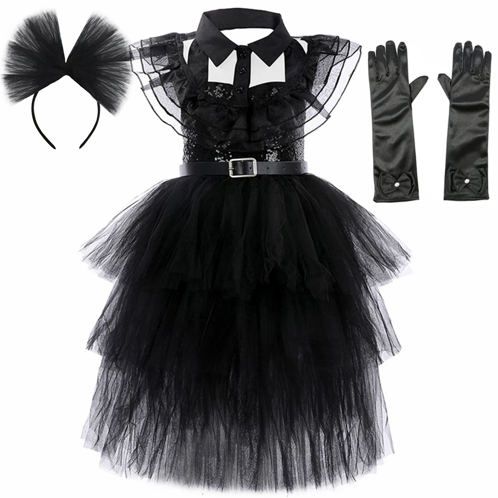 

Wednesday Costume Girls Carnival Party Dresses Black Princess Tutu Dress Addams Cosplay Halloween Costume for Kids Fancy Clothes