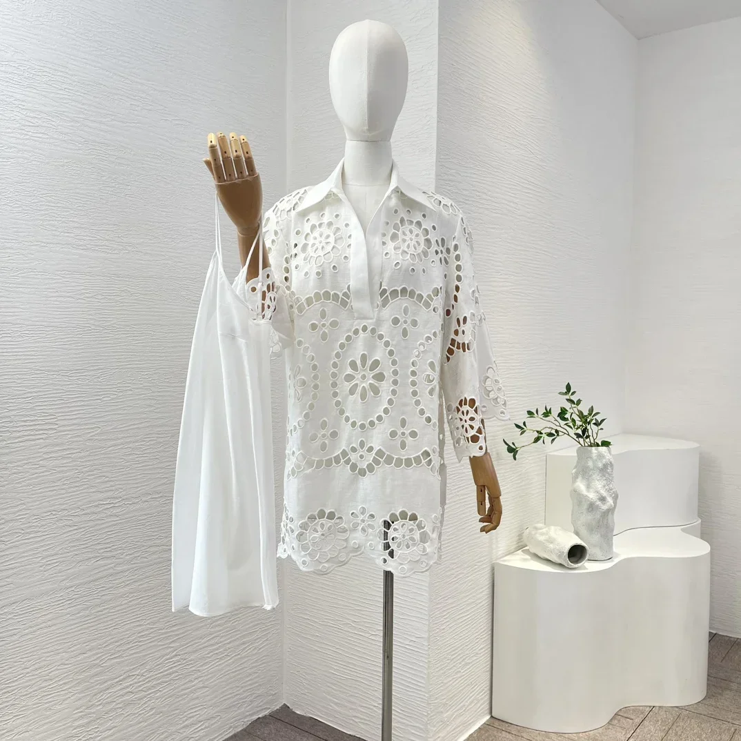 

New Collection White Cut Out Embroidery Long sleeve Blouse Women High Quality Summer Tops