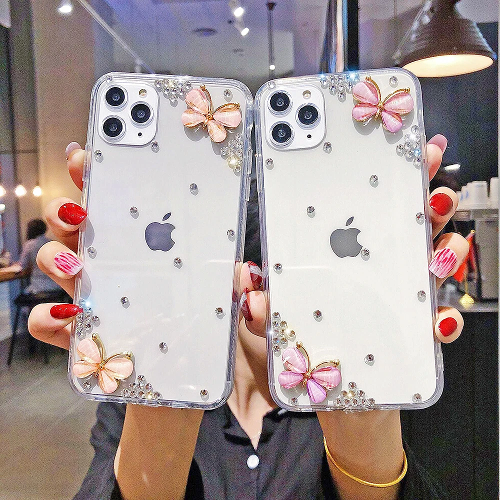 

Clear Phone Case Bling Rhinestone Crystal Butterfly Pearl Flower Diamond Cover for iPhone 15 14 13 12 11 Pro Max X XR XS 7 8Plus