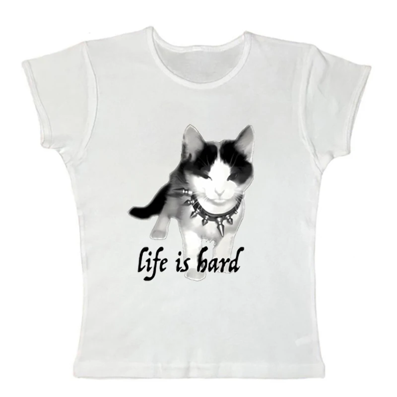 

Letter print cut top punk gothic sexy street clothing Y2K aesthetic fairy tale Harajuku cool girl slim fit top baby T-shirt Punk