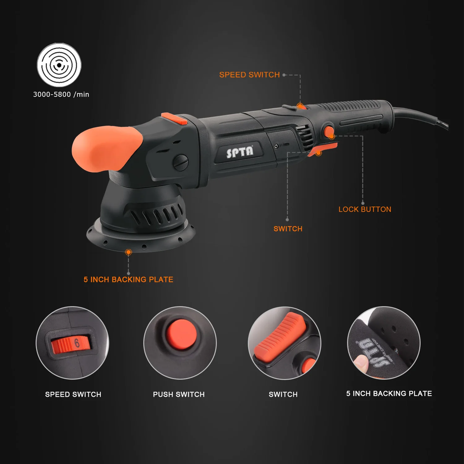 SPTA New Model CP501 5"(125mm) 1100W Dual Action Polisher Variable Speed Auto er Orbit 9mm 12mm 15mm 21mm