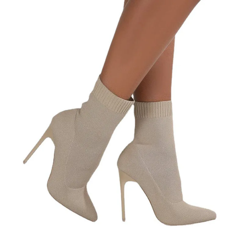 Women Sock Boots Sexy Knitting Stretch Boots Pointed Toe High Heels Shoes Female Thin Heel Ankle Boots Slip-On Women Shoes