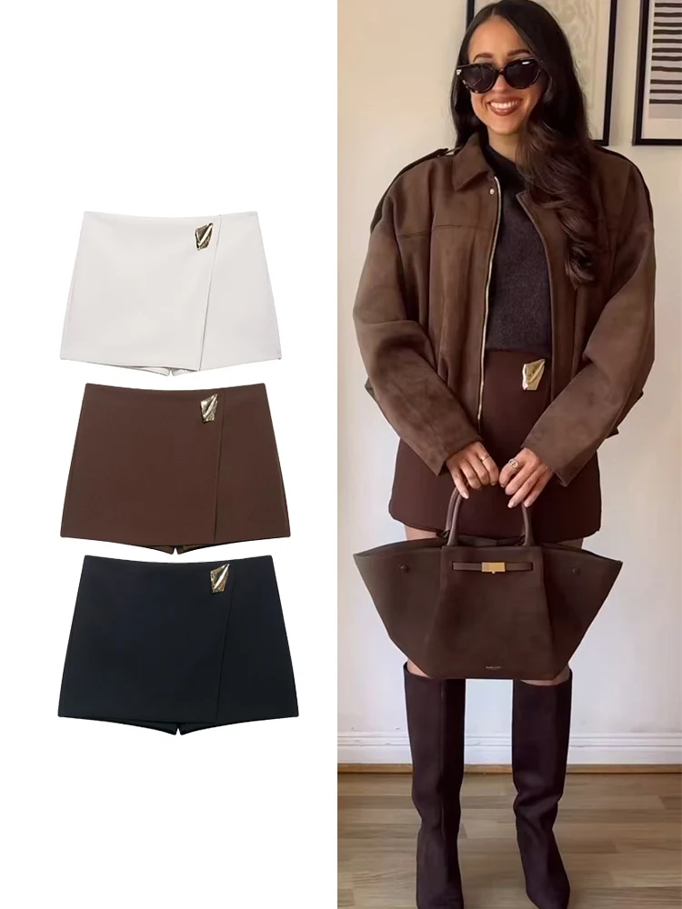 Autumn New Mini Skirt Shorts For Women Fashion Asymmetrical Elegant Metal Button Short Pants Ladies Office Commuting Clothes