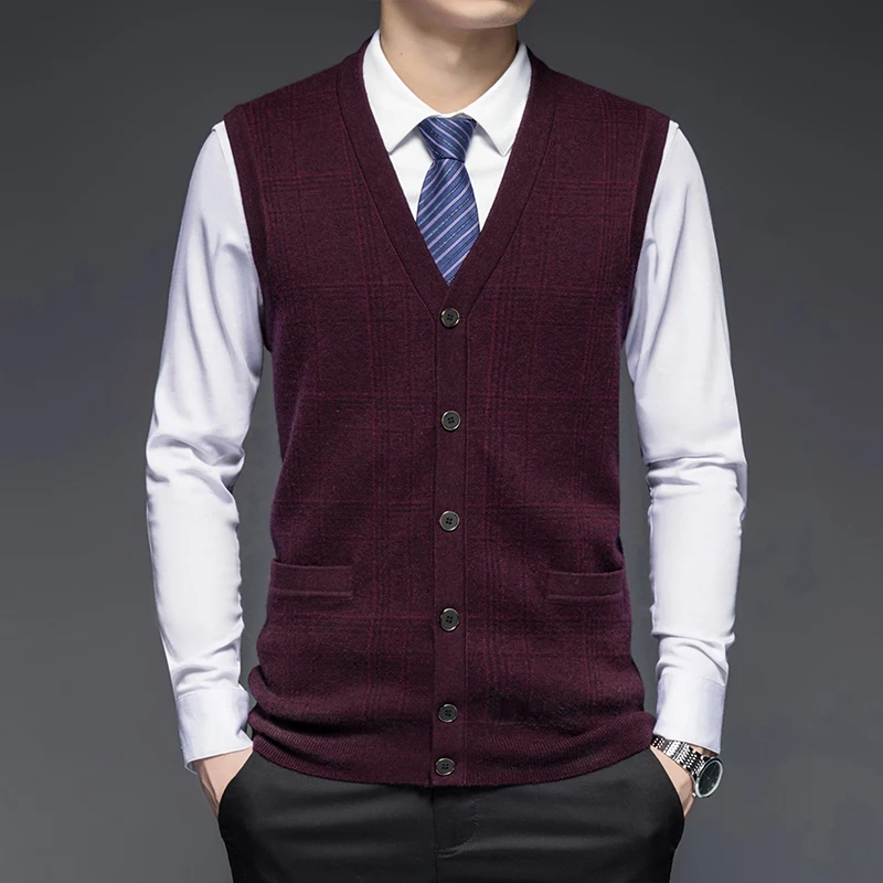 

Pure Wool Cardigan Men's Vest V-neck Loose Thick 100% Wool Sweater Autumn and Winter High-End Knitted Waistcoat Vest