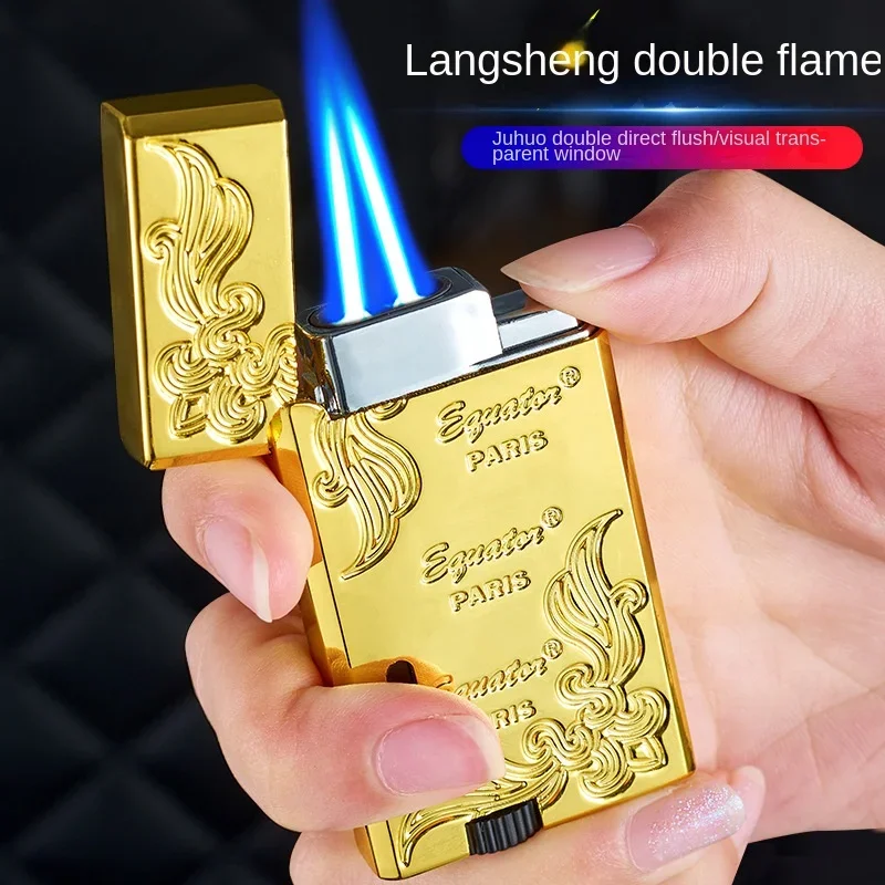 

Metal Langsheng lighter double straight flush inflatable brushed blue flame lighter windproof