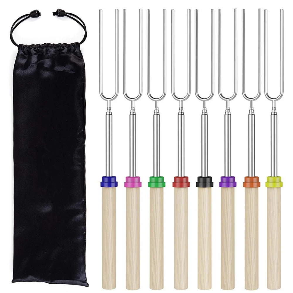 8 pcs Barbecue Skewers Extendable Marshmallow Roasting Sticks Stainless Steel BBQ Telescoping Smores Skewers KC0467