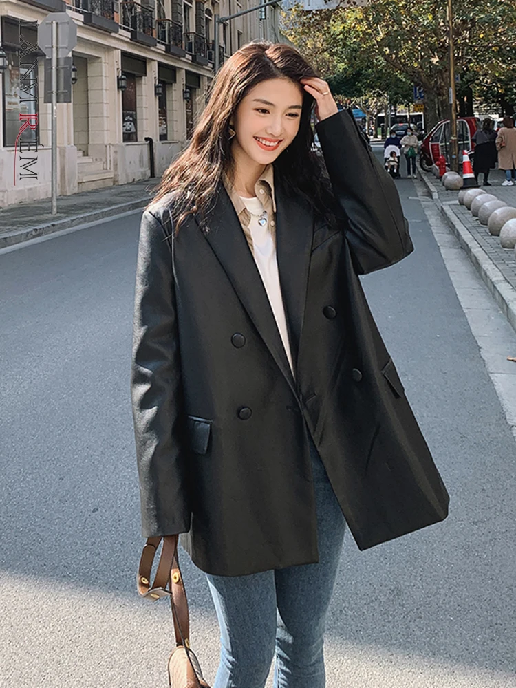

LANMREM PU Leather Jackets For Women Notched Double Breasted Long Sleeves Loose Black Coats Female Casual Streetwear 2R7218