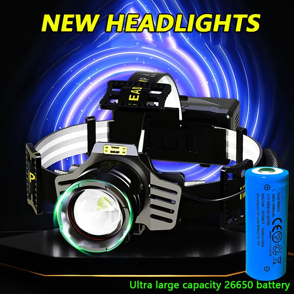 슈퍼 밝은 헤드라이트 고전력 XHP360/60W LED 헤드램프 강한 빛 헤드 손전등 텔레스코픽 줌 캠핑 낚시 램프