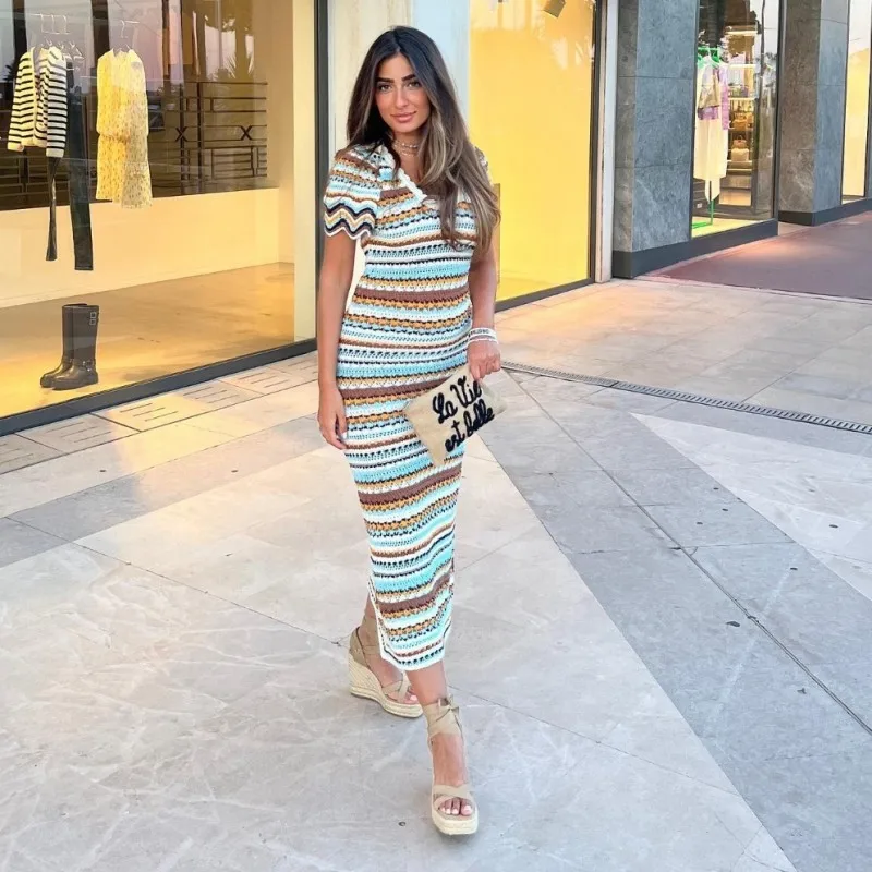 

Woven Striped Scoop Neck Short Sleeve Gowns Female Knit Straight Bodycon Frocks Women Trendy Casual Beach Street Apparel