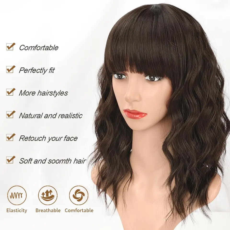 Perruque Femme Synthétique Brune Foncée Courte Bouclée Avec Frange - Cadeau Inclus - Neuf