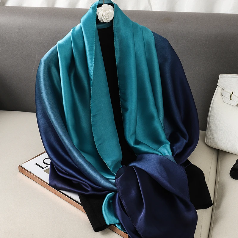 Luxury Gradient Silk Scarf Women Brand Solid Femme Shawls Wraps Bandana Head Foulard Fashion Lady Hijab Wedding Poncho 2023 5