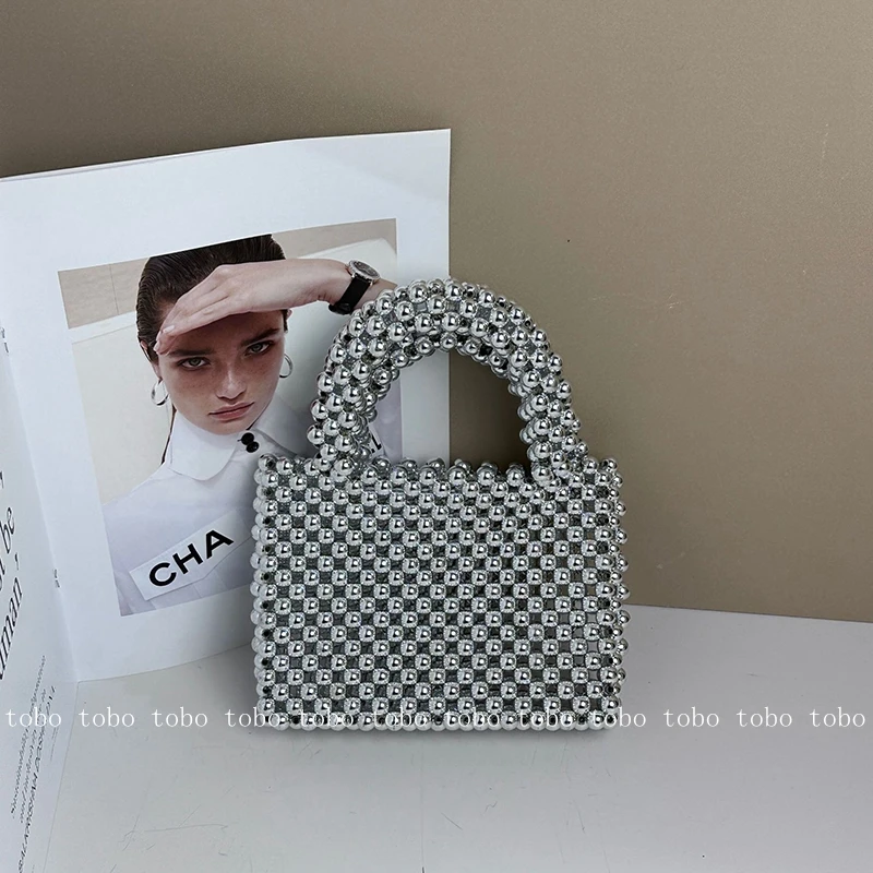 Own Design Silver Summer Women Beaded Handbag Handmade Silver Acrylic Pearl  Beads Tote Bag Evening Wedding Party Tote Bags