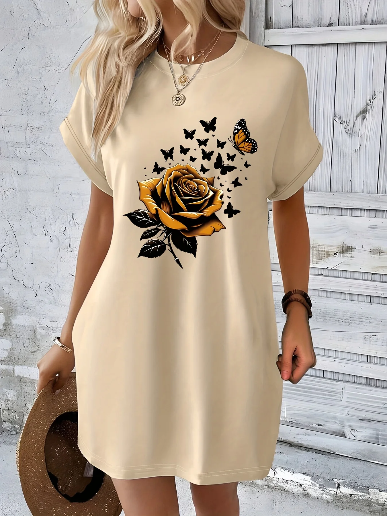Plus Size Women's Casual Floral Butterfly Print T-Shirt Dress Short Sleeve Round Neck Black with Golden Rose Design Summer Dress - AliExpress 200000345 Plus Size Women's Casual Floral Butterfly Print T-Shirt Dress Short Sleeve Round Neck Black with Golden Rose Design Summer Dress - AliExpress 200000345