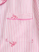 Ensemble pyjama imprimé nœud rayé rose et blanc pour femme, chemise boutonnée à manches longues et pantalon long, pyjama d'hiver pour la maison, décontracté 4
