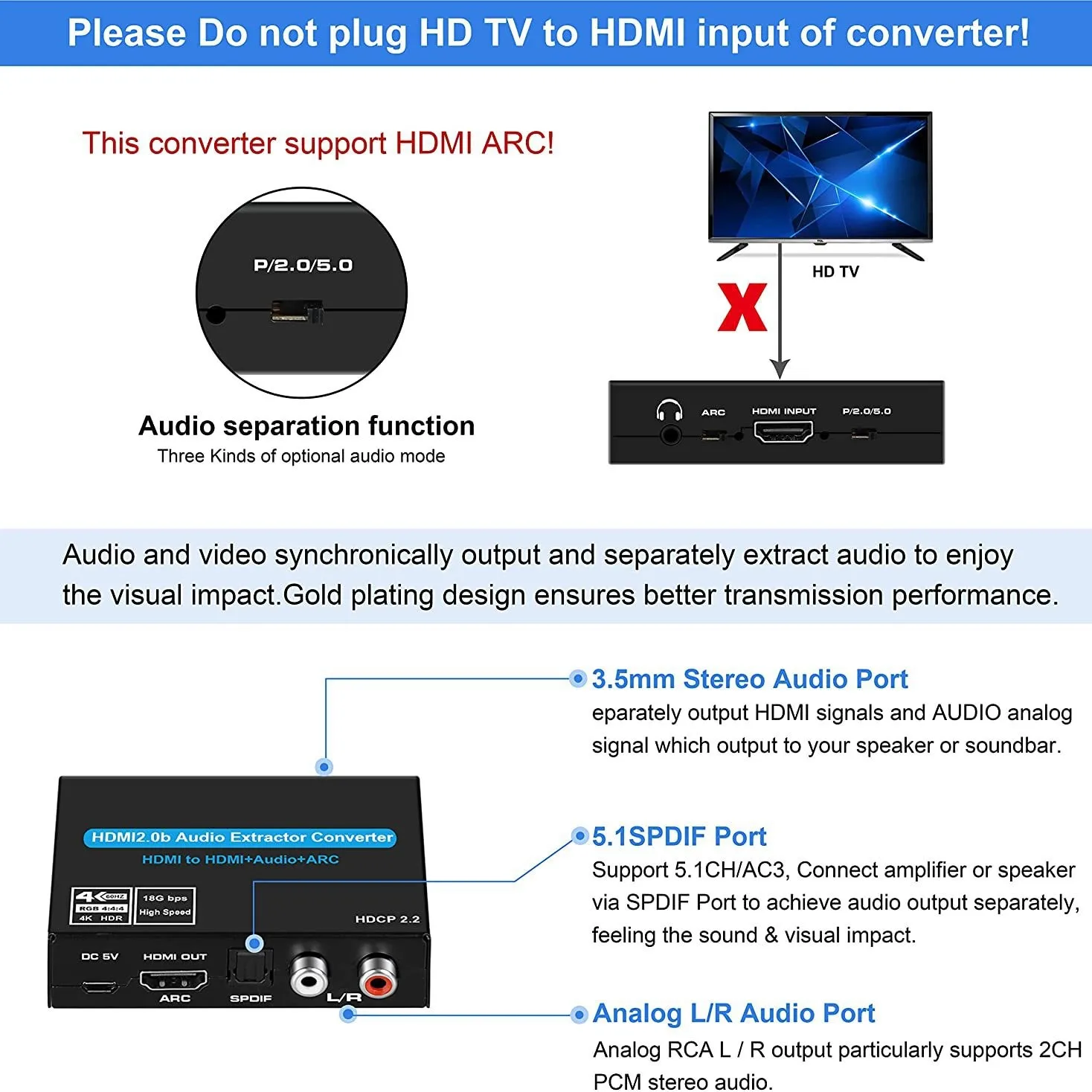 4K@60Hz HDMI 오디오 추출기 (ARC 지원) HDMI-광(옵티컬) SPDIF Toslink 3.5mm 스테레오 RCA L/R 출력, HDCP 2.2, DTS 5.1 지원, TV, PS5, PC용