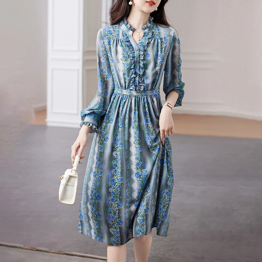 

2023 Spring and Summer New Stand-up Collar Waist Wooden Ear Edge Dress Ladies Mid-Length Dress