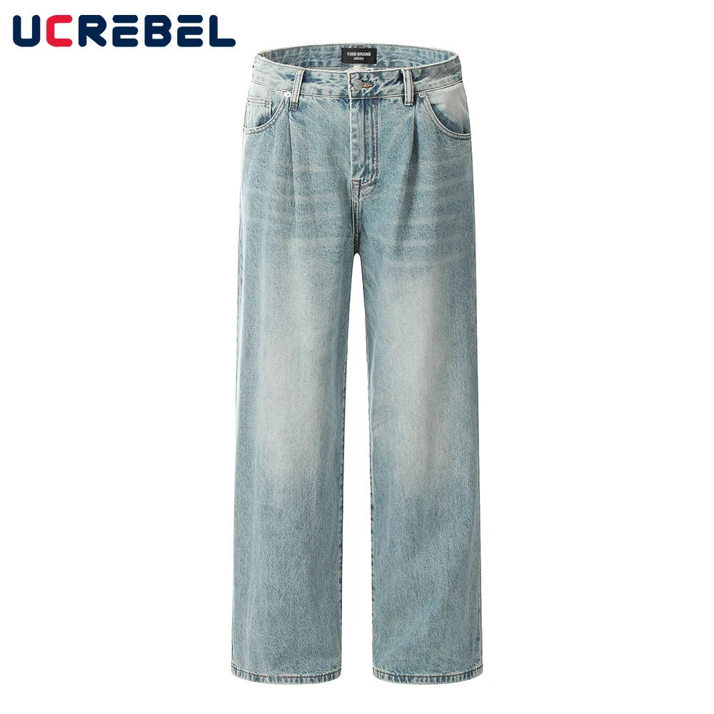 

Autumn Winter Washed Retro Blue Denim Pants Mens Streetwear Loose Wide Leg Distressed Straight-leg Pants Men Jeans