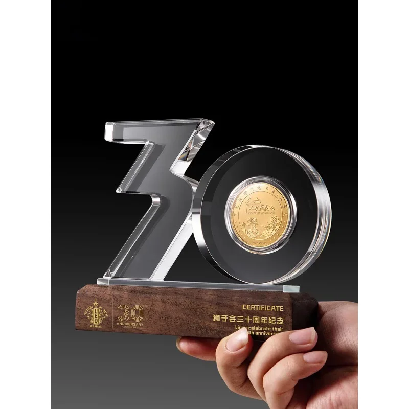 Customized 10,20,30 Years Crystal Trophy Competition Outstanding Employee Group Award Wooden base Medal Souvenirs Decoration 1Pc