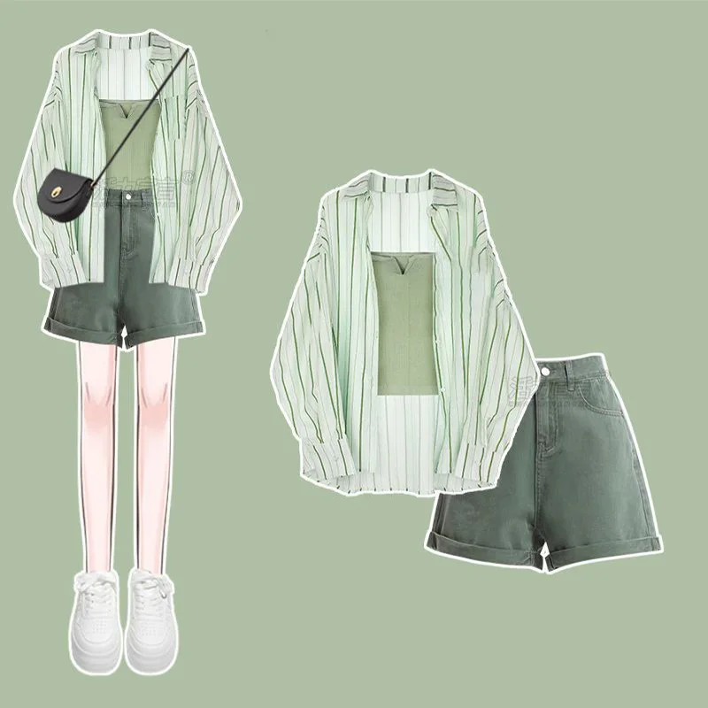Summer Set for Women 2024, New Oversized Women's Sunscreen Shirt Vest Paired with Denim Shorts Three Piece Set Short Sets