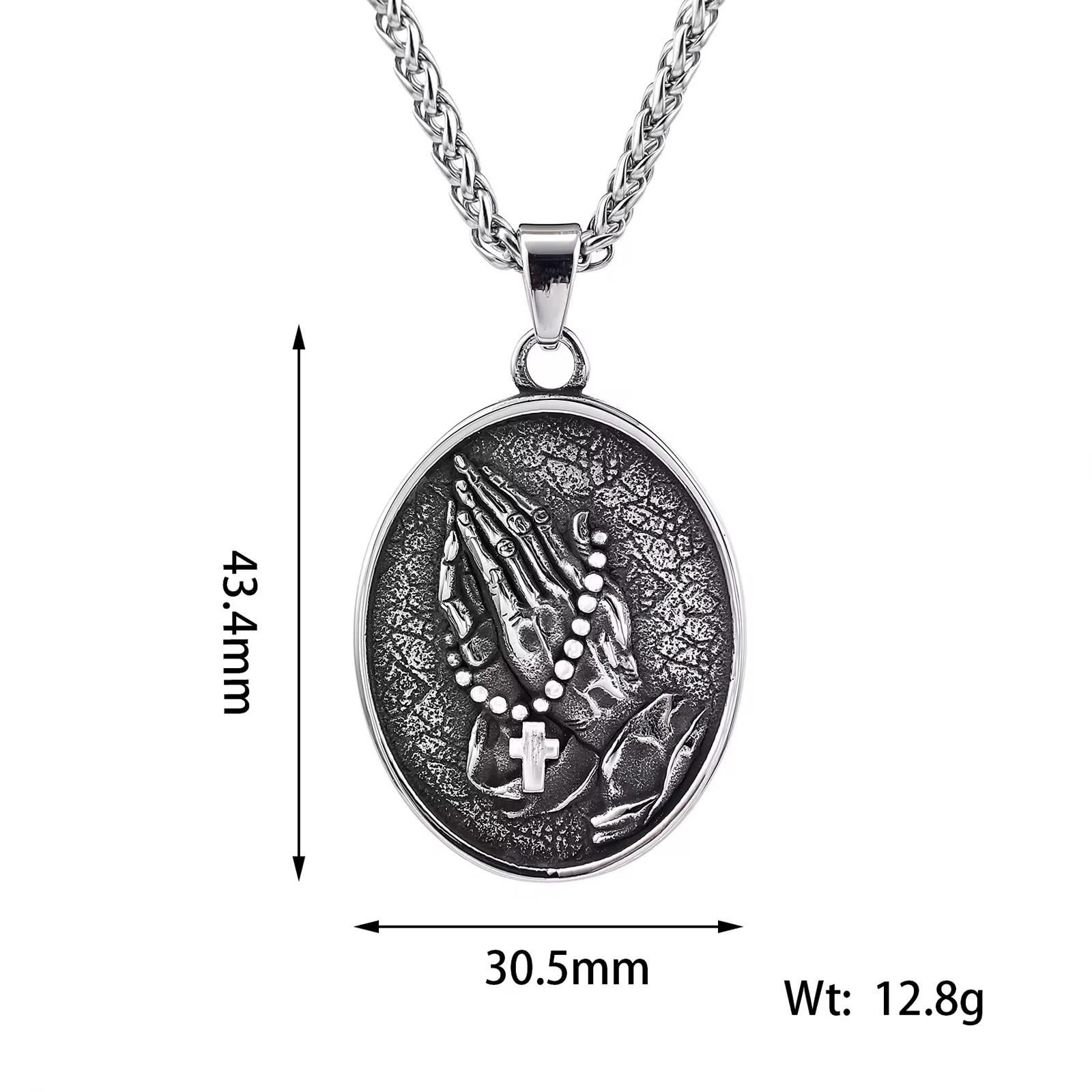 Men's Vintage Necklace, Rosary Beads Praying Hands Crucifix Cross Stainless Steel Jewelry, Sweater Chain