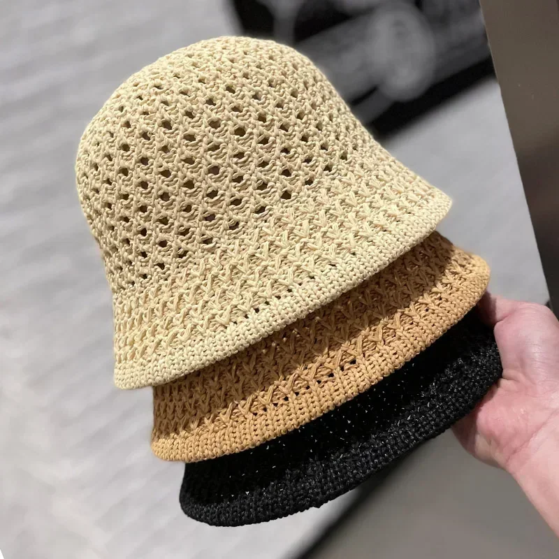 

Hand Woven Summer Hats Collapsible Dome Bucket Hat Out Solid Color Beach Caps Simplicity Soft Women Hat Outdoor Hollow Hat