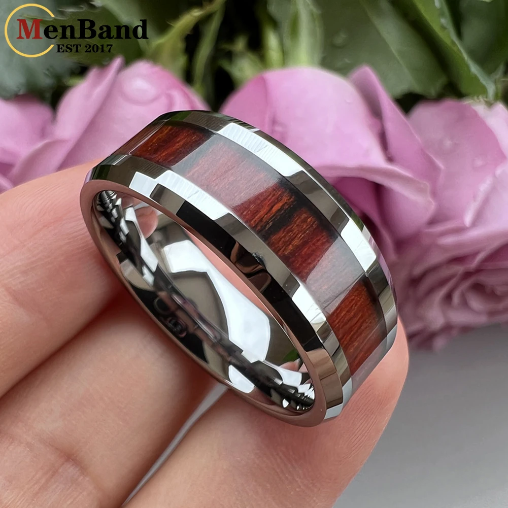 MenBand Fashion 6MM 8MM Men Women Tungsten Wedding Band Ring Red Wood Inlay Beveled Edges Polished Comfort Fit Size 5-15