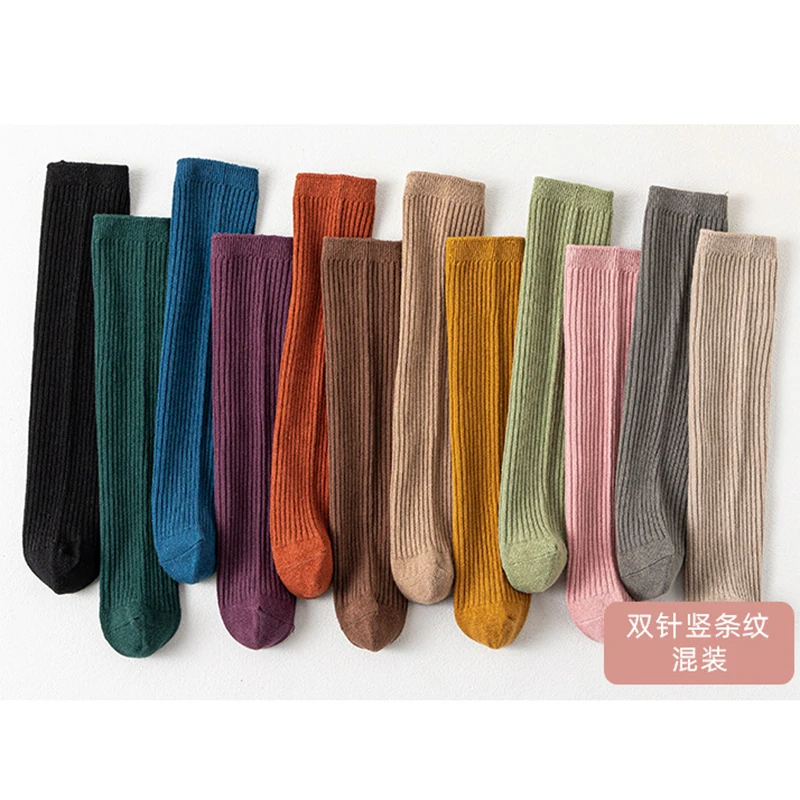 Baby Knee High Long Sock for Kids Girls Korean Fashion Solid Color Calf Sock for Children Boys Girls Striped Cotton Stockings